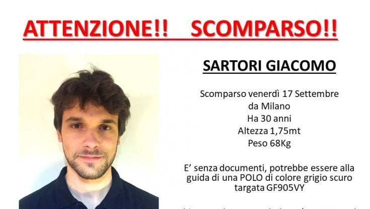 Giacomo Sartori, giovane di 30 anni sparito dopo il furto del suo zaino. Aperta pagina Facebook per cercarlo